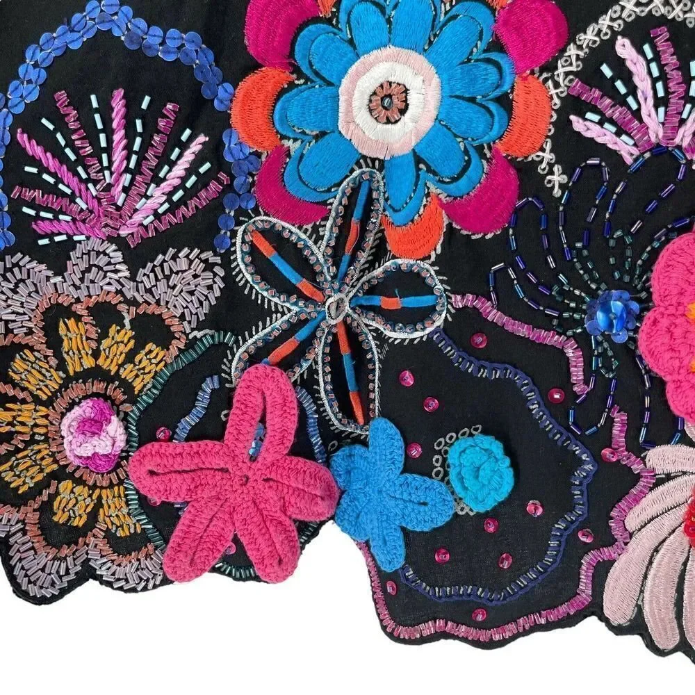Bohemian Crochet Beaded Embroidered A Line Skirt Size 10 Vanity Collection Black